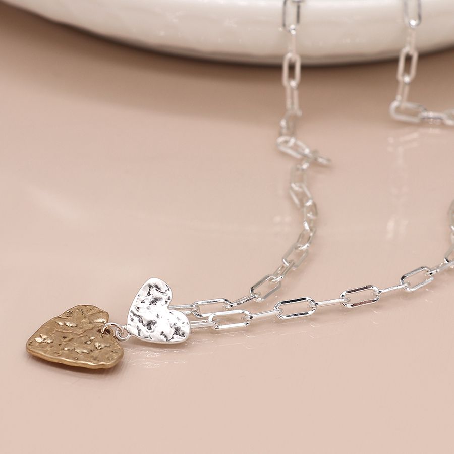 Plated silver beaten heart necklace