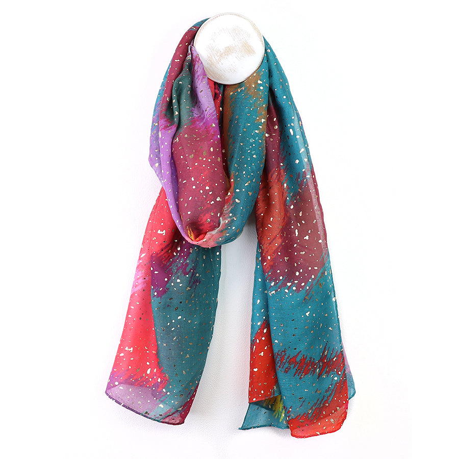 teal and red foil print scarf