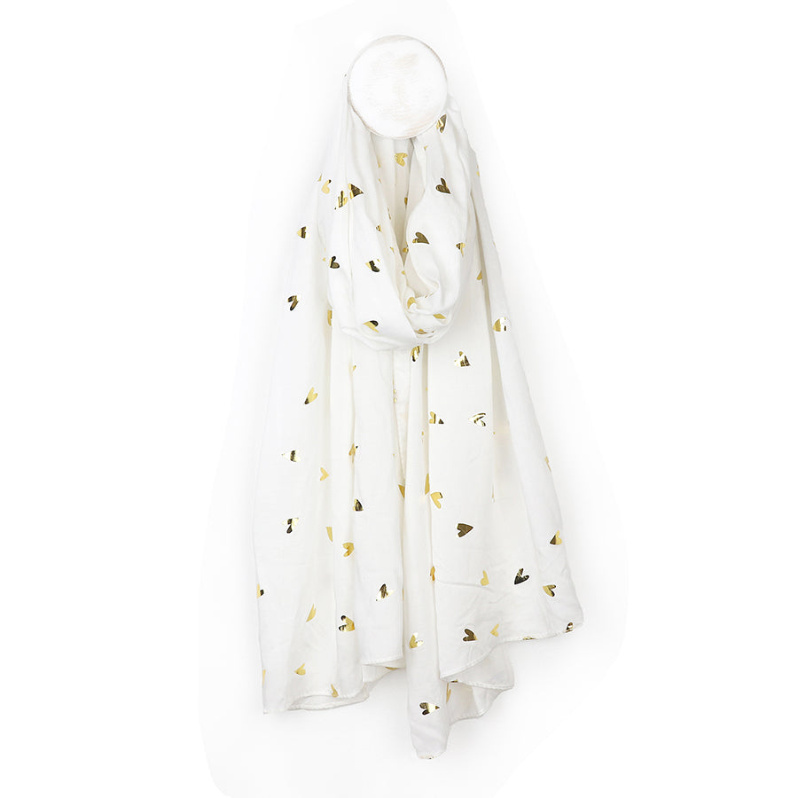 White and metallic heart print scarf