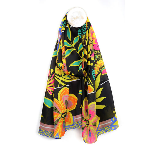 Black and vibrant floral silky sarf